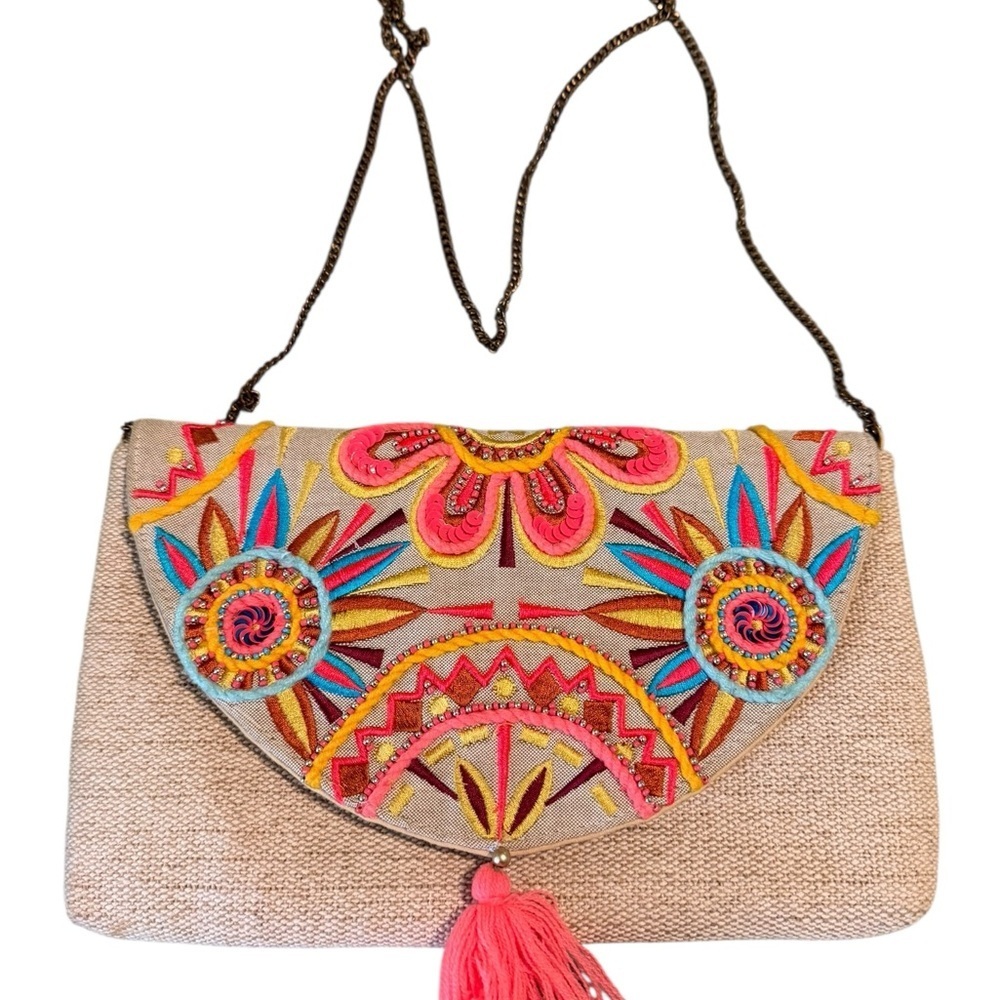 Embroidered Boho Crossbody Bag in Beige and Pink - Unbranded